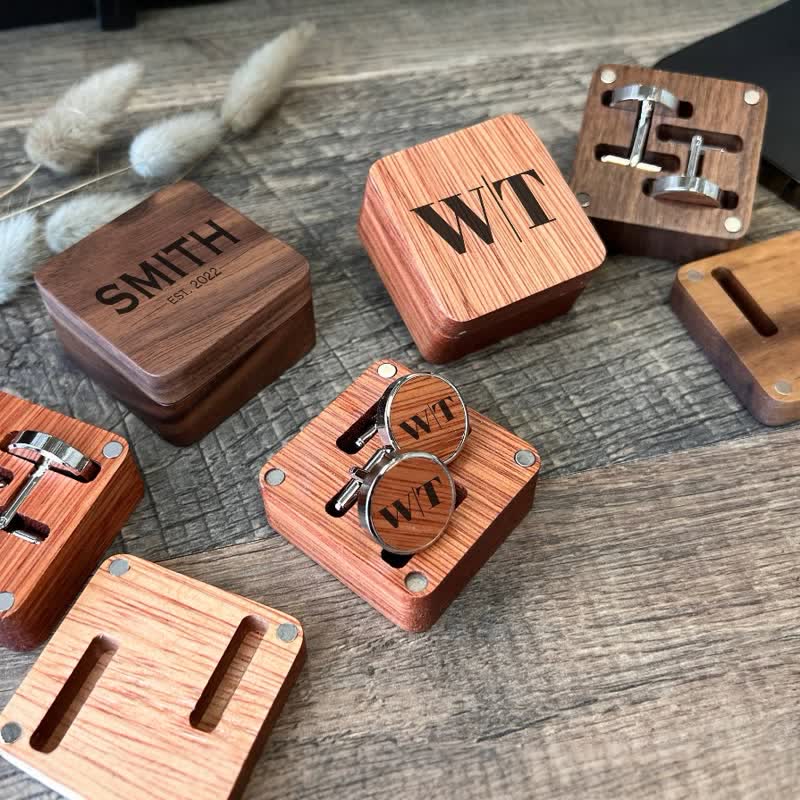 1 Pair Classic Custom Name Wooden Cufflinks with Box - Image 7