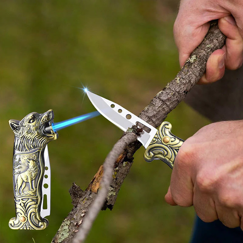 2-in-1 Wolf Head Folding Knife Butane Lighter - Image 4