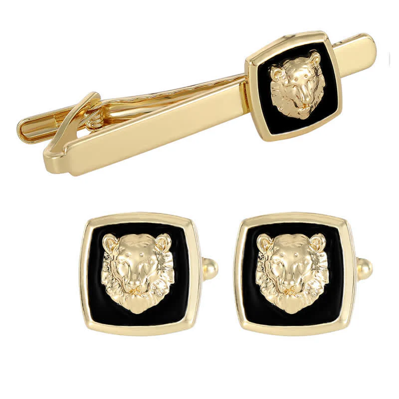 2Pcs Men's Black & Gold Tiger Shape Tie Clip Cufflinks Set - Image 5