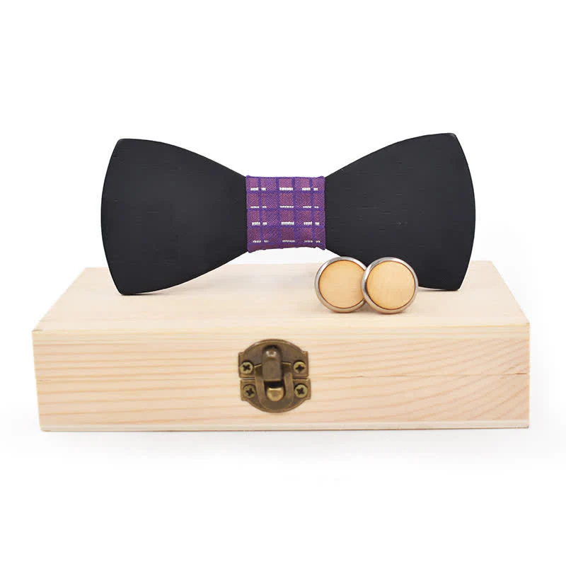 2Pcs Men's Black Wooden Bow Tie Cufflinks Set - Image 11