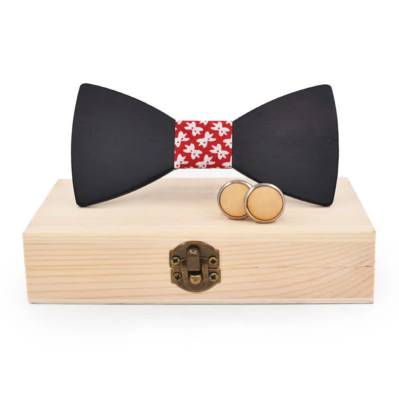 2Pcs Men's Black Wooden Bow Tie Cufflinks Set - Image 14