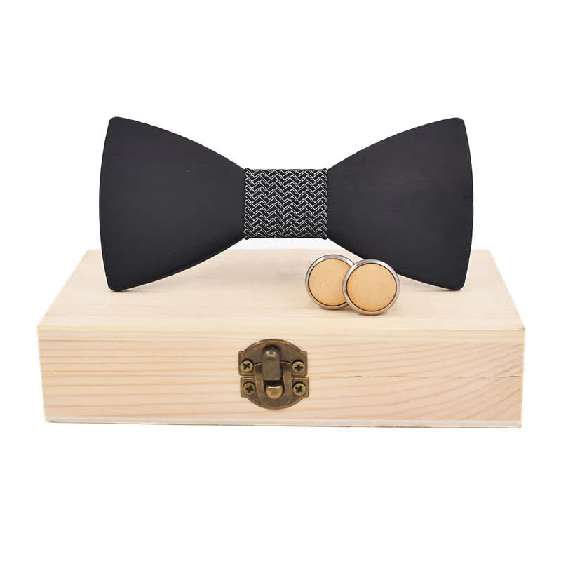 2Pcs Men's Black Wooden Bow Tie Cufflinks Set - Image 15