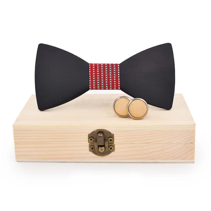 2Pcs Men's Black Wooden Bow Tie Cufflinks Set - Image 18