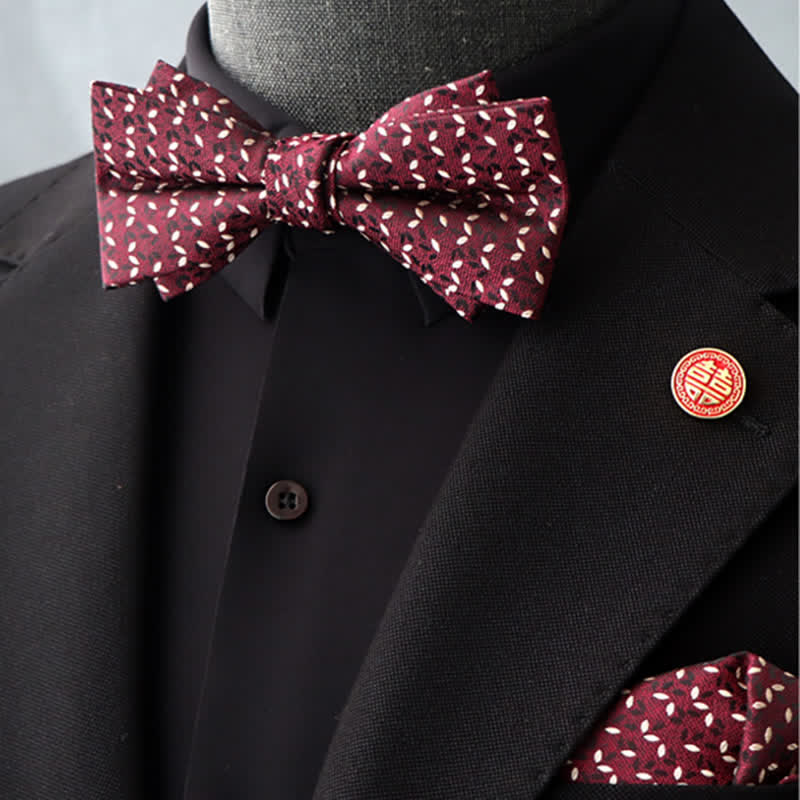 2Pcs Men's Burgundy Floral Bow Tie Handkerchief Set - Image 9