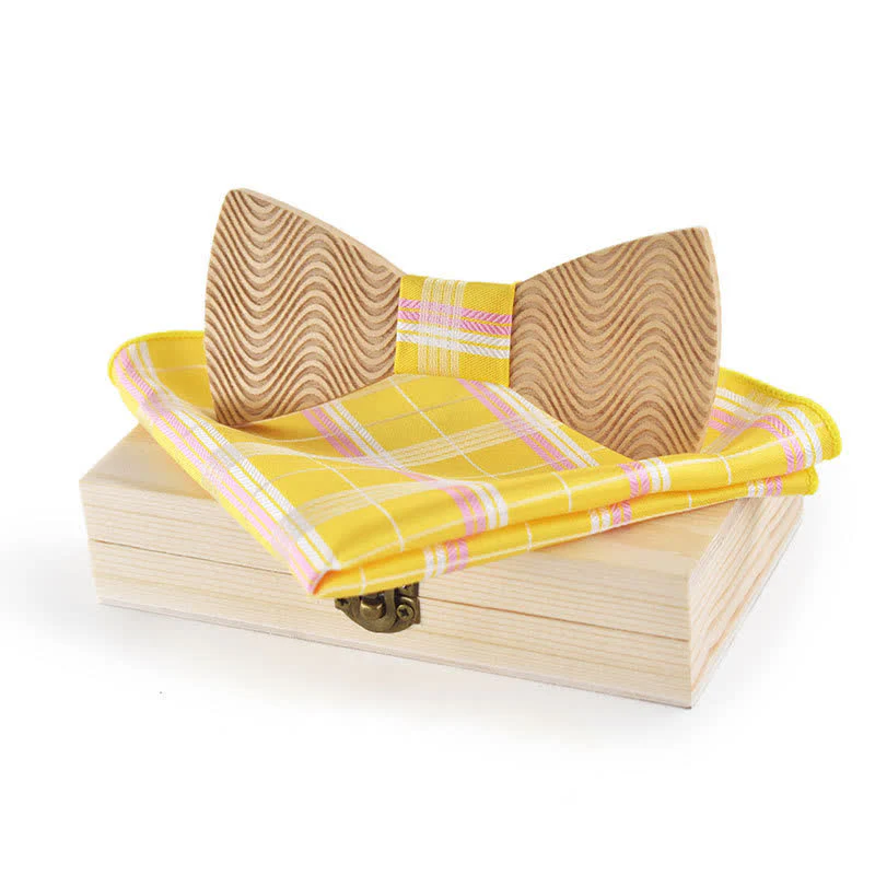 2Pcs Men's Dazzling Wave Plaid Wooden Bow Tie Set - Image 7
