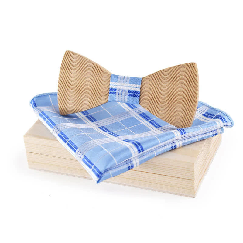 2Pcs Men's Dazzling Wave Plaid Wooden Bow Tie Set - Image 8