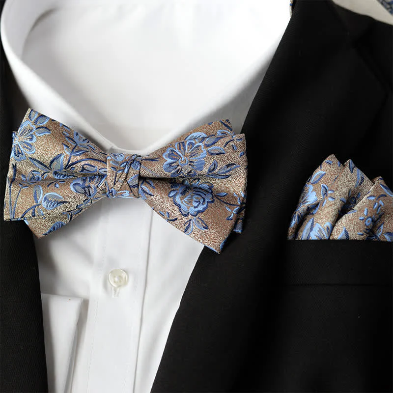2Pcs Men's Elegant Flower Handkerchief Double Layered Bow Tie Set - Image 10