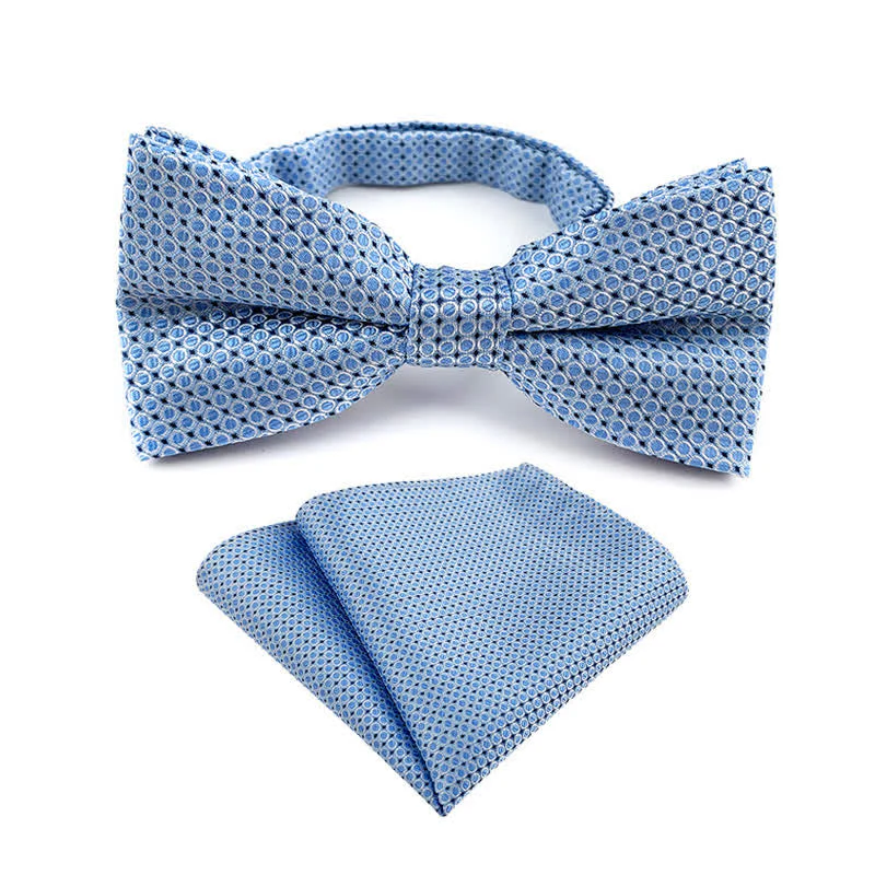 2Pcs Men's Fancy Plaid Striped Bow Tie Pocket Square Set - Image 2