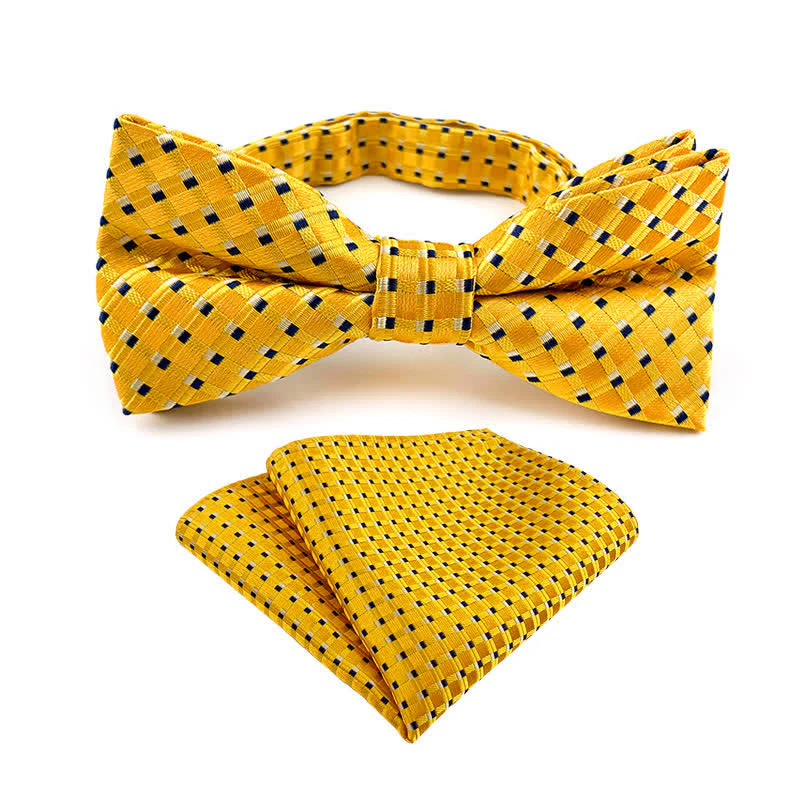 2Pcs Men's Fancy Plaid Striped Bow Tie Pocket Square Set - Image 4