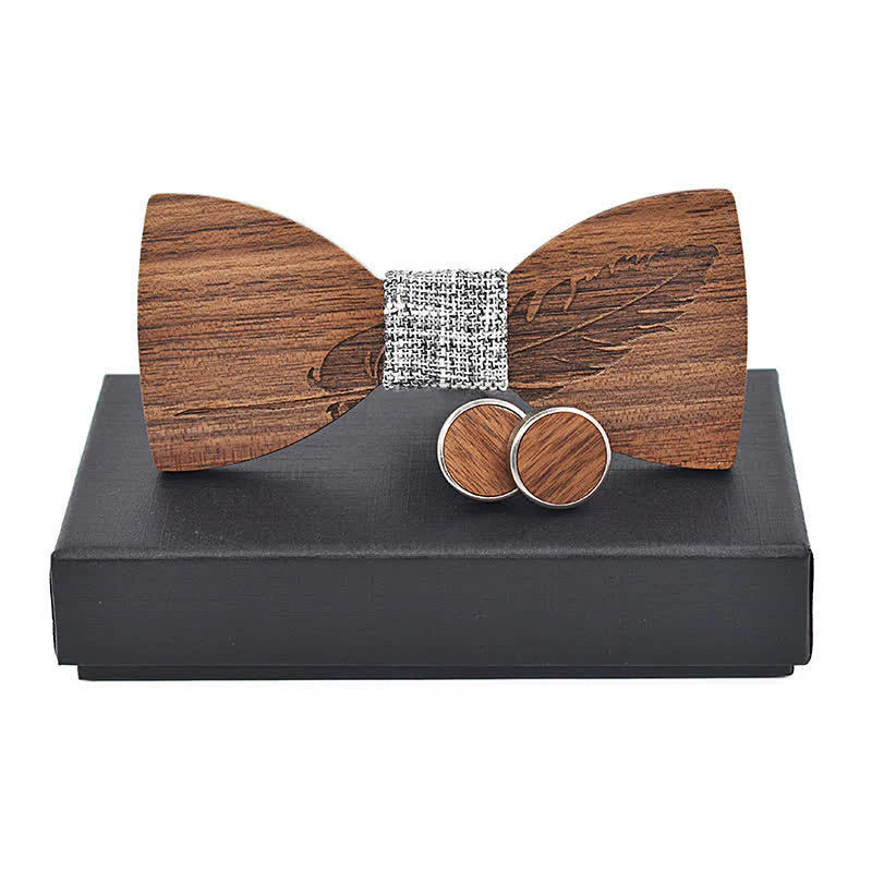 2Pcs Men's Feather Engraving Wooden Bow Tie Set - Image 14