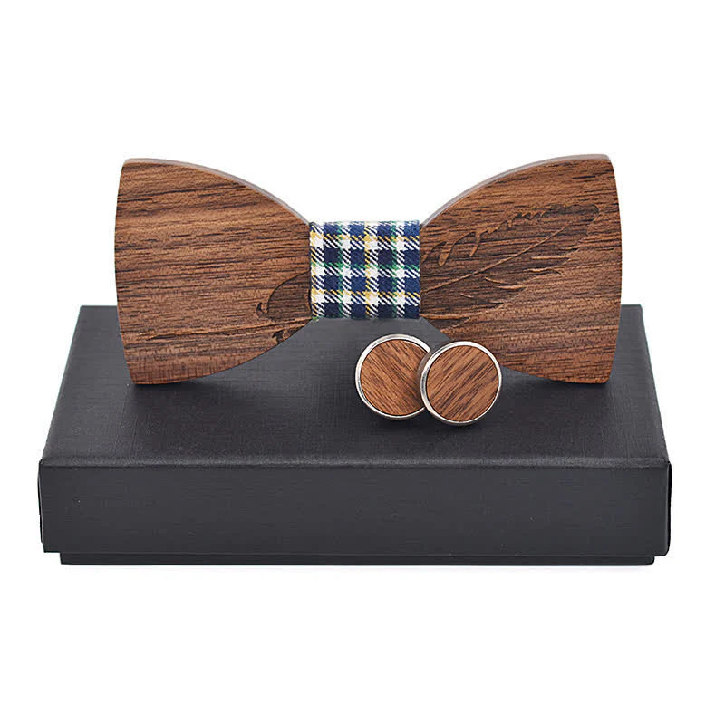 2Pcs Men's Feather Engraving Wooden Bow Tie Set - Image 8