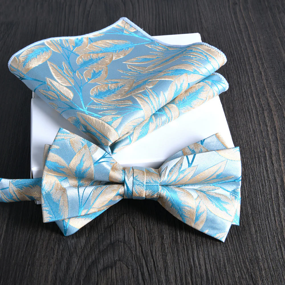 2pcs Men's Floral Pattern Lustrous Fabric Bowtie Pocket Square Set - Image 26