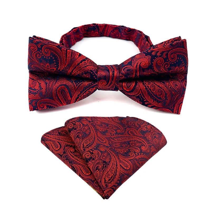 2Pcs Men's Flowery Paisley Bow Tie Pocket Square Set - Image 3