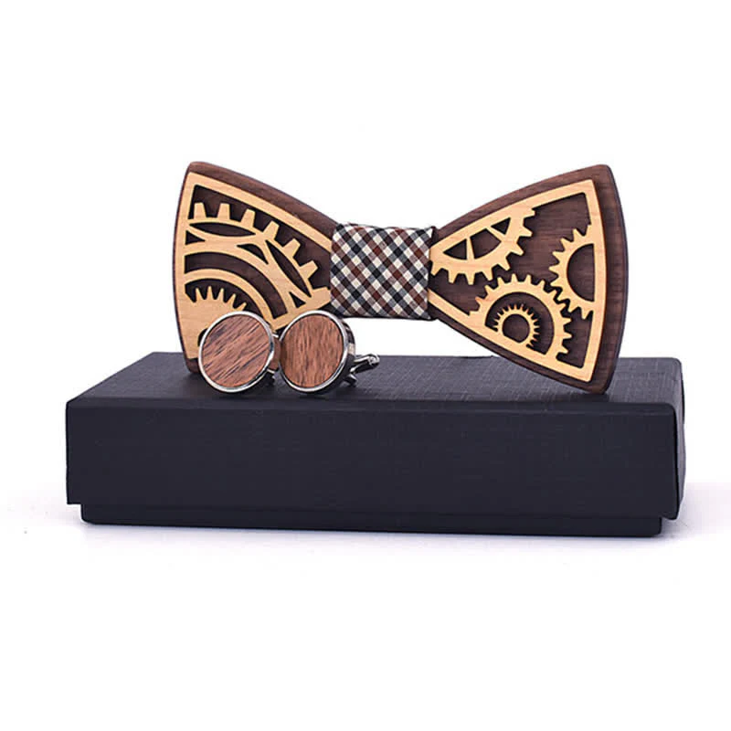 2Pcs Men's Gears Wooden Bow Tie Cufflinks Set - Image 7