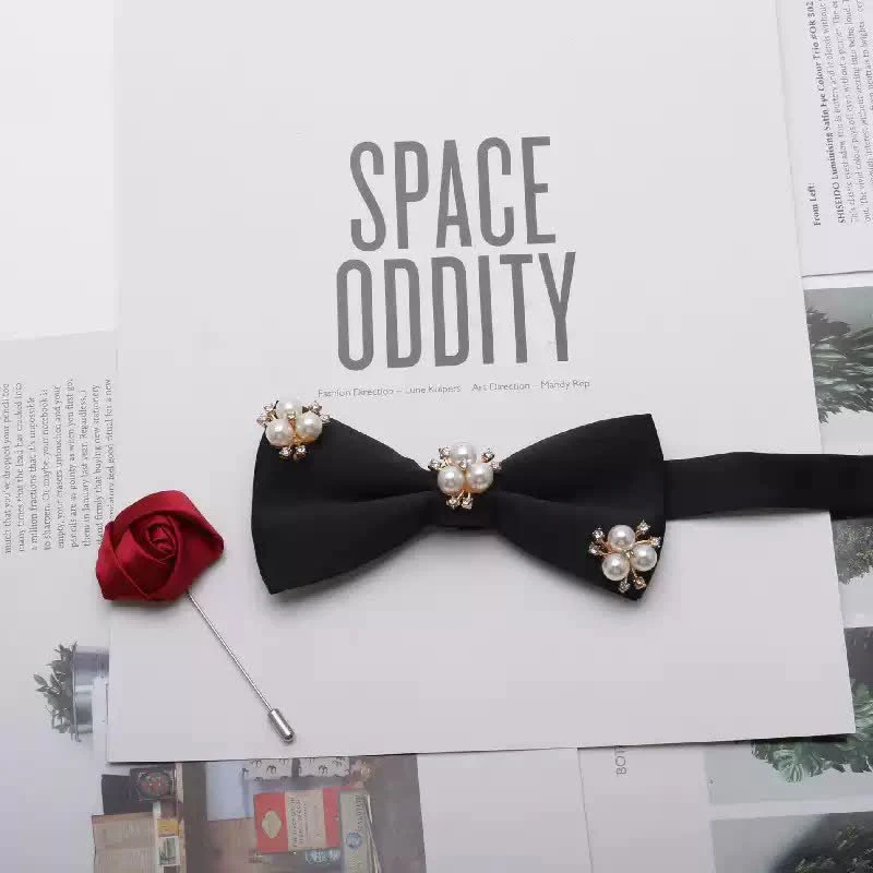 2Pcs Men's Gold Metal Pearl Flower Decors Red Corsage Bow Tie Set - Image 6