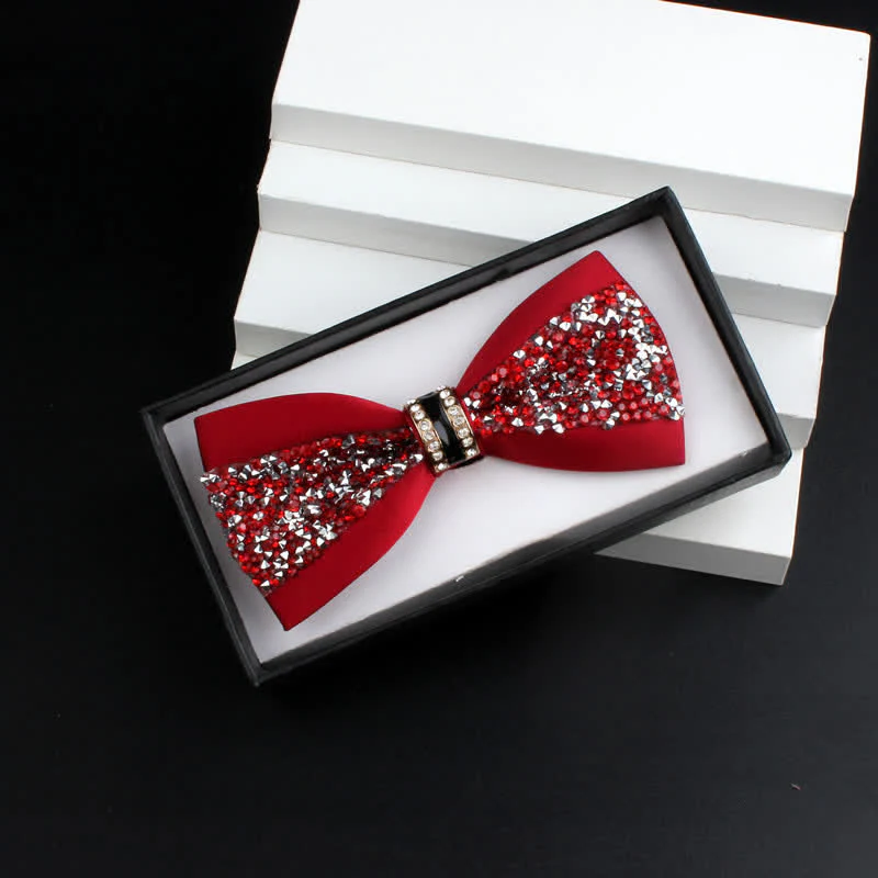 2Pcs Men's Shiny Rhinestone Bling Red Corsage Bow Tie Set - Image 8