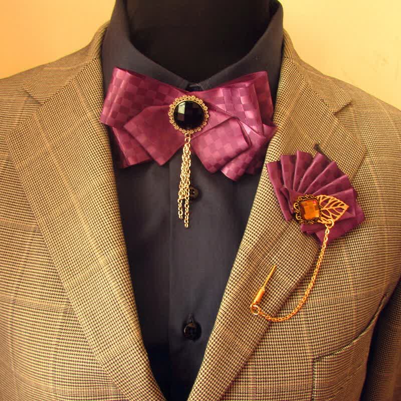 2Pcs Ribbon Checked Pattern Pin Bow Tie Set - Image 9