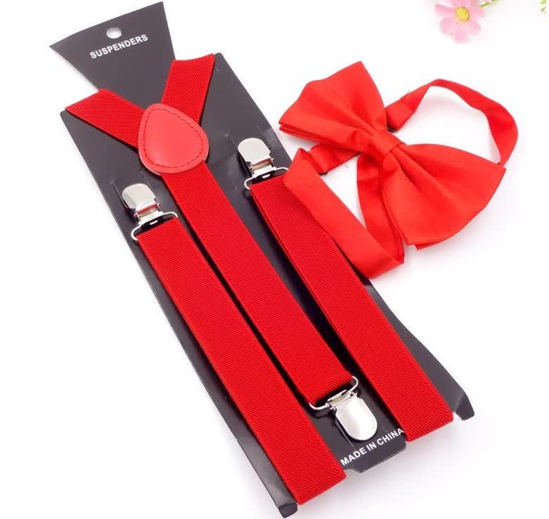 2Pcs Solid Color Bow Tie 3-Clips Adjustable Suspenders Set - Image 2