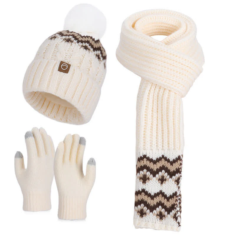 3Pcs Charming Wave Pattern Pom Pom Hat Scarf Gloves Set - Image 4