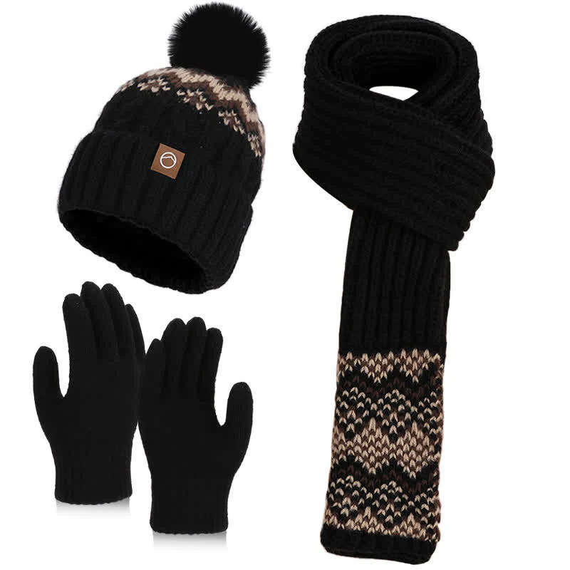 3Pcs Charming Wave Pattern Pom Pom Hat Scarf Gloves Set - Image 6