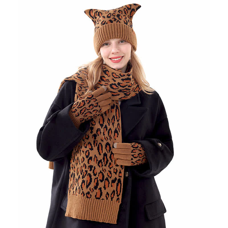 3Pcs Leopard Print Cute Cat Ear Hat Scarf Gloves Set - Image 2