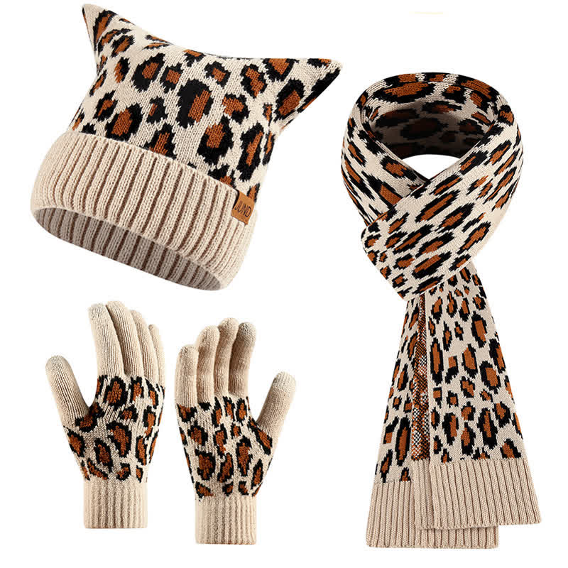 3Pcs Leopard Print Cute Cat Ear Hat Scarf Gloves Set - Image 9
