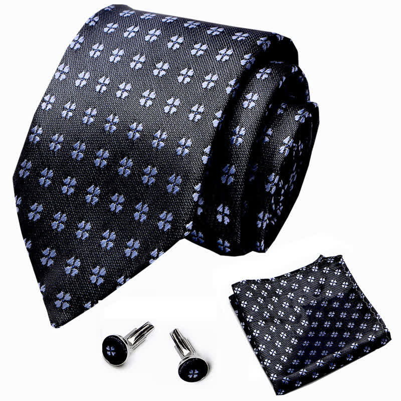 3Pcs Men's Black & Blue Lucky Clover Necktie Set - Image 2