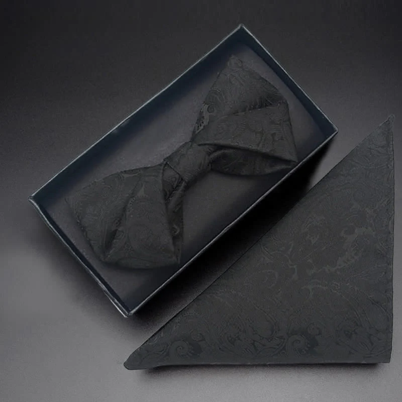 3Pcs Men's Black Paisley Pocket Corsage Bow Tie Set - Image 9