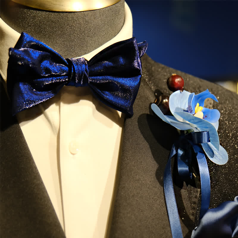 3Pcs Men's Blue Phalaenopsis Brooch Handkerchief Fishtail Bow Tie Set - Image 2