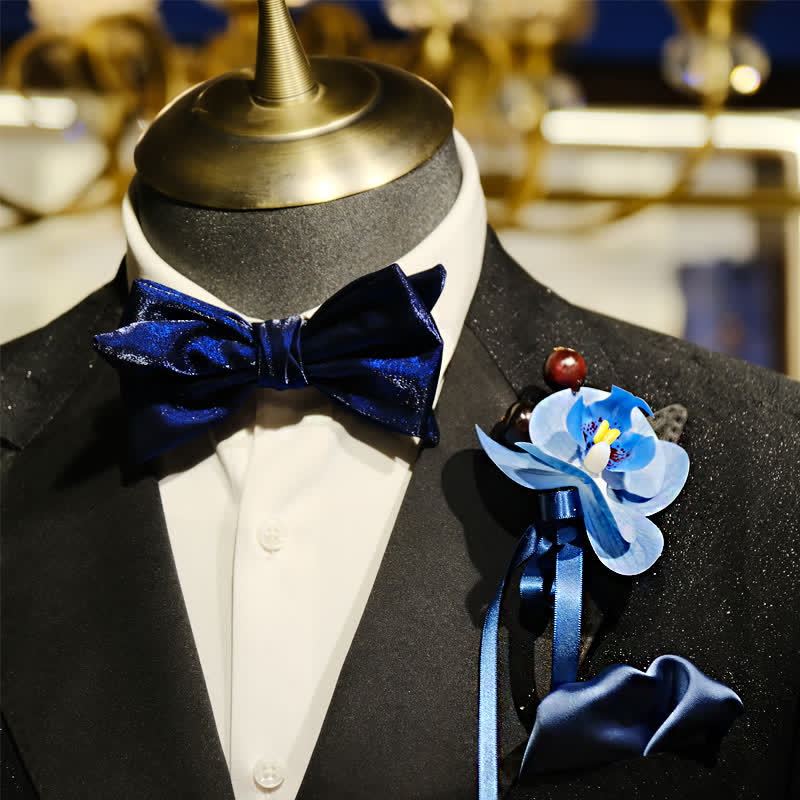 3Pcs Men's Blue Phalaenopsis Brooch Handkerchief Fishtail Bow Tie Set - Image 3