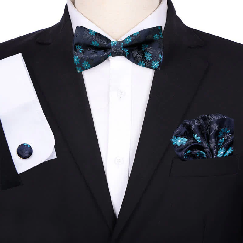 3Pcs Men's Bridegroom Floral Pocket Square Bow Tie Set - Image 4