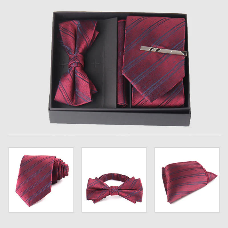 3Pcs Men's Burgundy Series Pocket Square Necktie Bow Tie Set - Image 15
