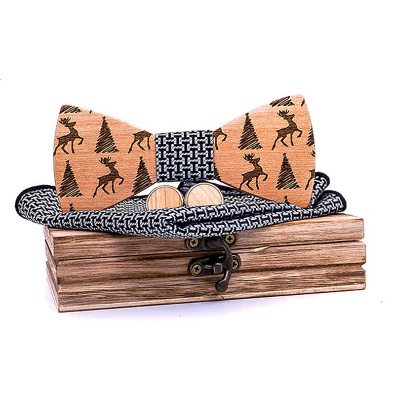 3Pcs Men's Christmas Tree Deer Pattern Wooden Bow Tie Set - Image 11