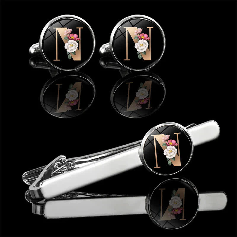3Pcs Men's Flower 26 Capital Letters Tie Clip Brooch Cufflinks Set - Image 17