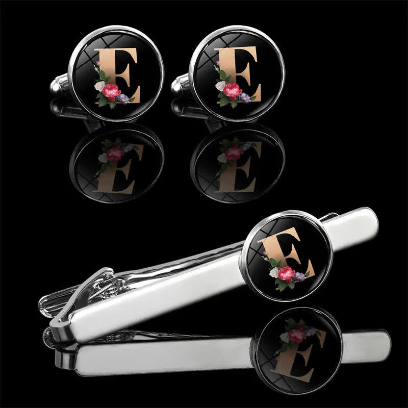3Pcs Men's Flower 26 Capital Letters Tie Clip Brooch Cufflinks Set - Image 8