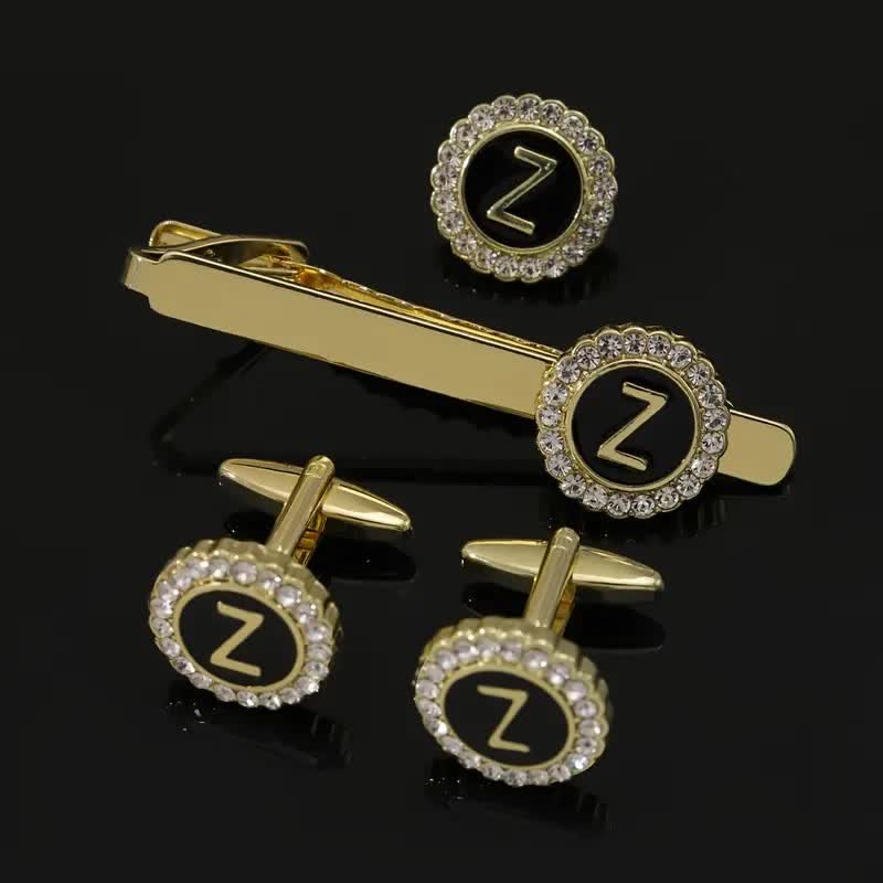 3Pcs Men's Gold 26 Capital Letters Tie Clip Brooch Cufflinks Set - Image 26