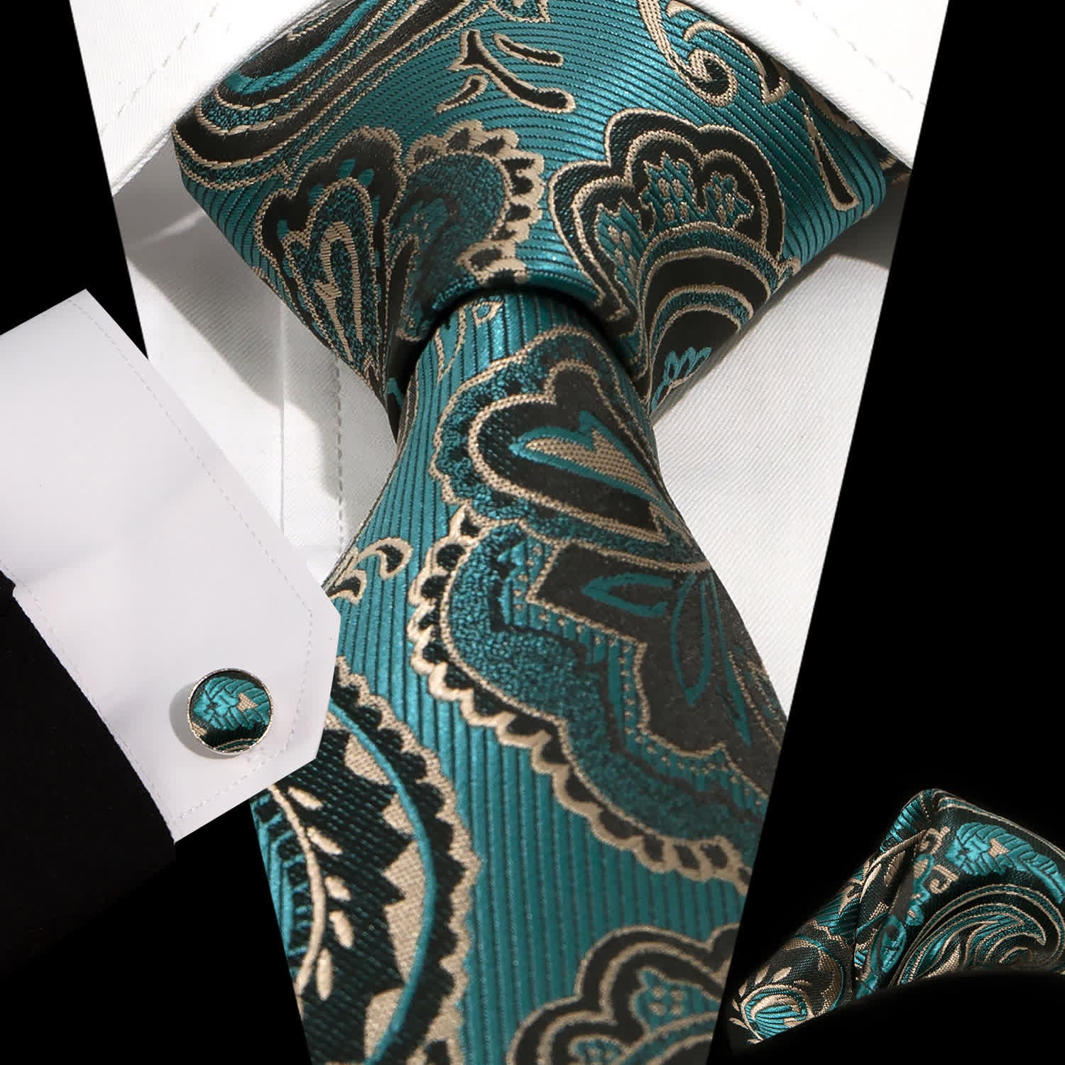 3Pcs Men's Green & Black Shade Paisley Necktie Set - Image 6