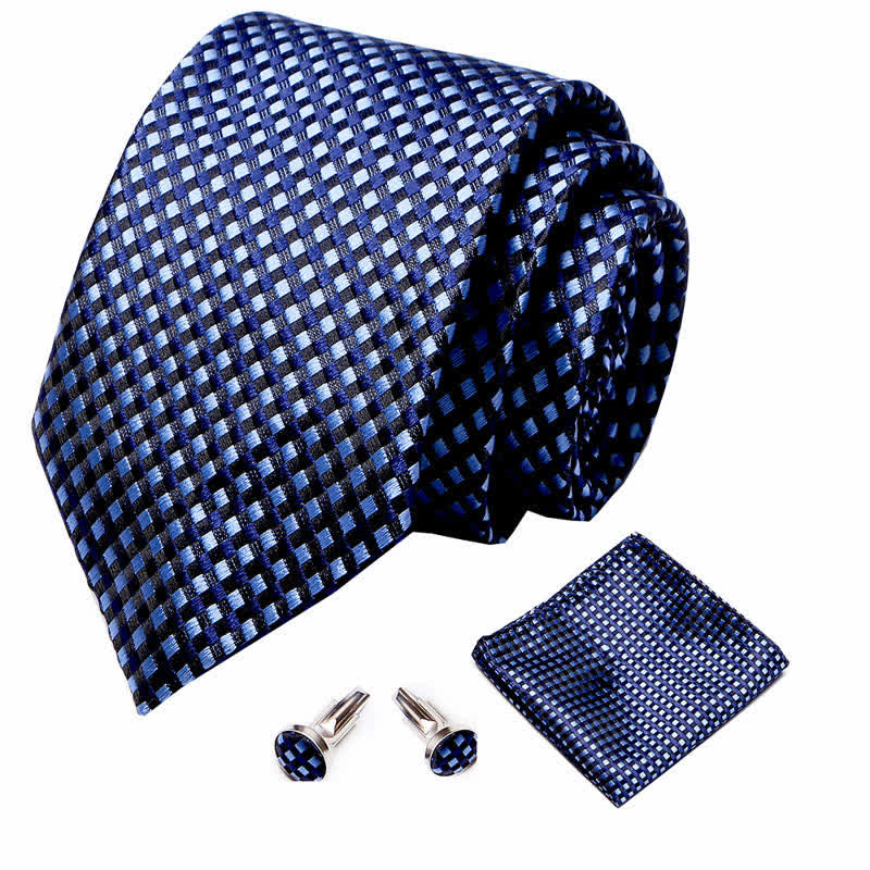 3Pcs Men's Light Blue & Navy Little Checks Necktie Set - Image 2