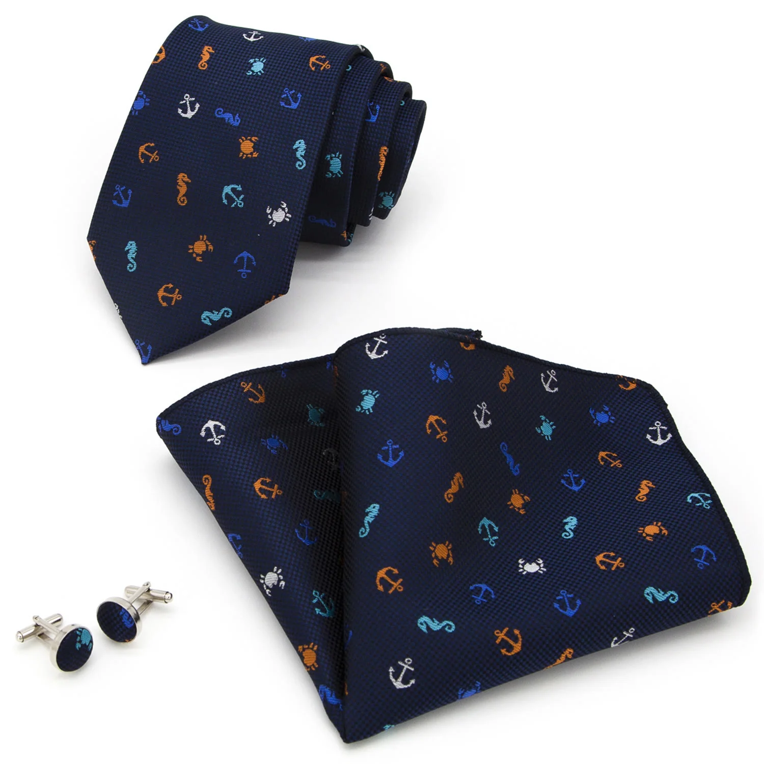 3Pcs Men's Navy Blue Nautical Themed Necktie Set - Image 2