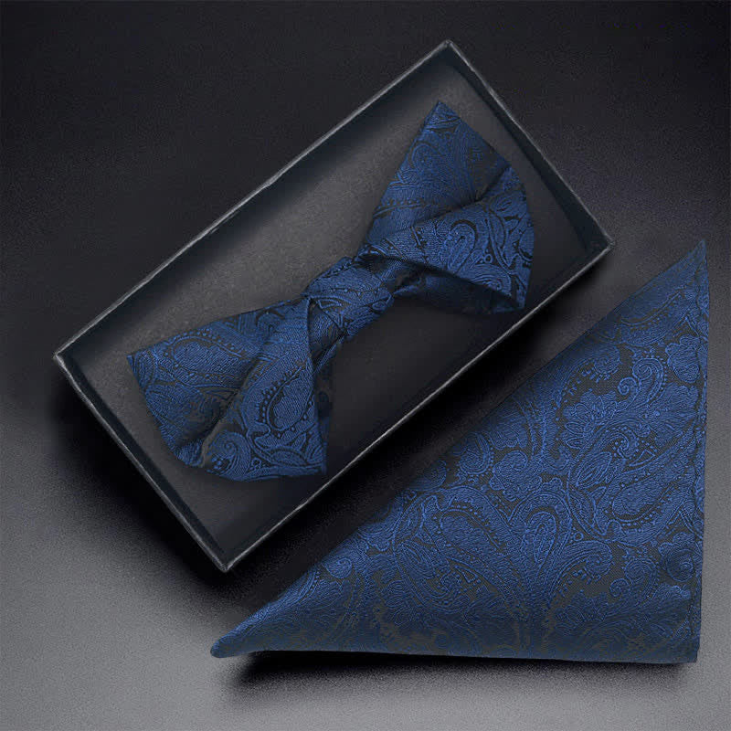 3Pcs Men's Navy Paisley Pocket Corsage Bow Tie Set - Image 5