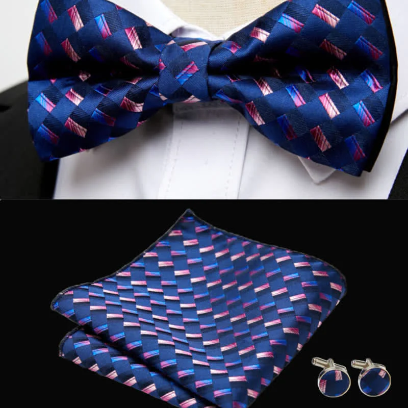 3Pcs Men's Navy Weave Pattern Pocket Square Cufflinks Bow Tie Set - Image 2