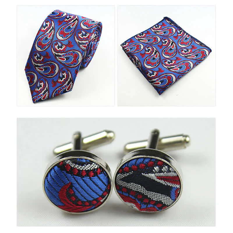 3Pcs Men's Royal Blue & Red Paisley Necktie Set - Image 2