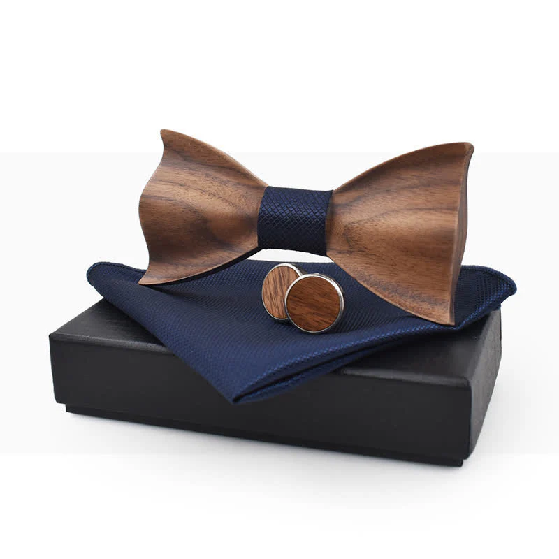 3Pcs Men's Small Checkered Wooden Bow Tie Set - Image 2
