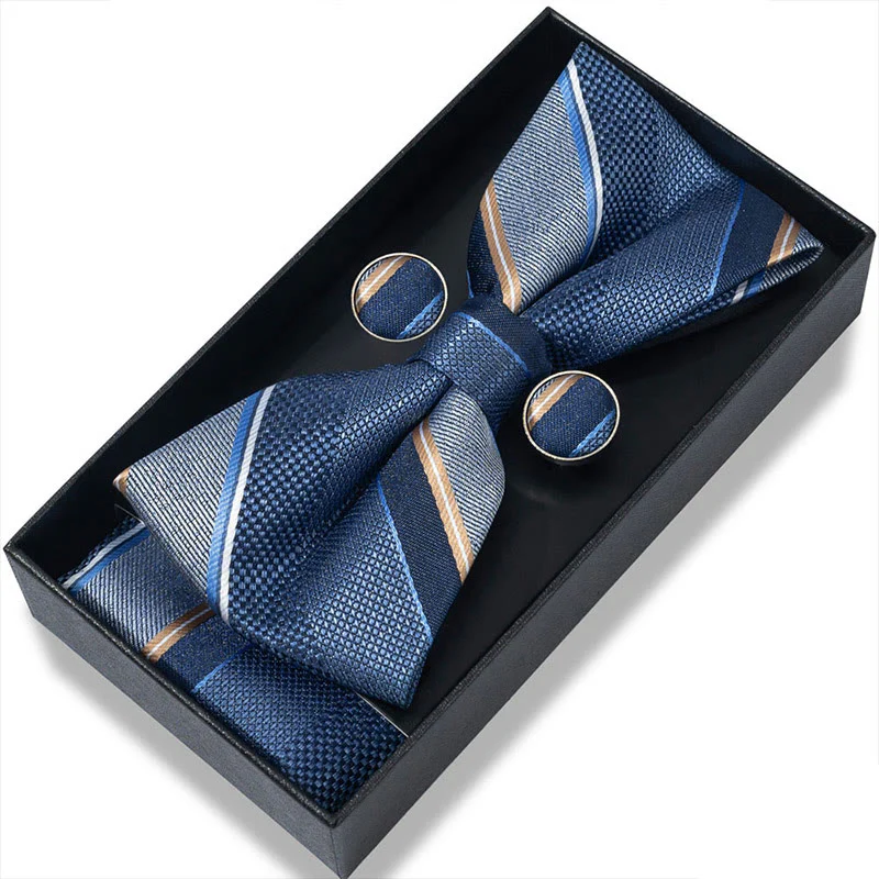 3Pcs Men's Textured Fabric Bow Tie Cufflink And Pocket Square Set - Image 101