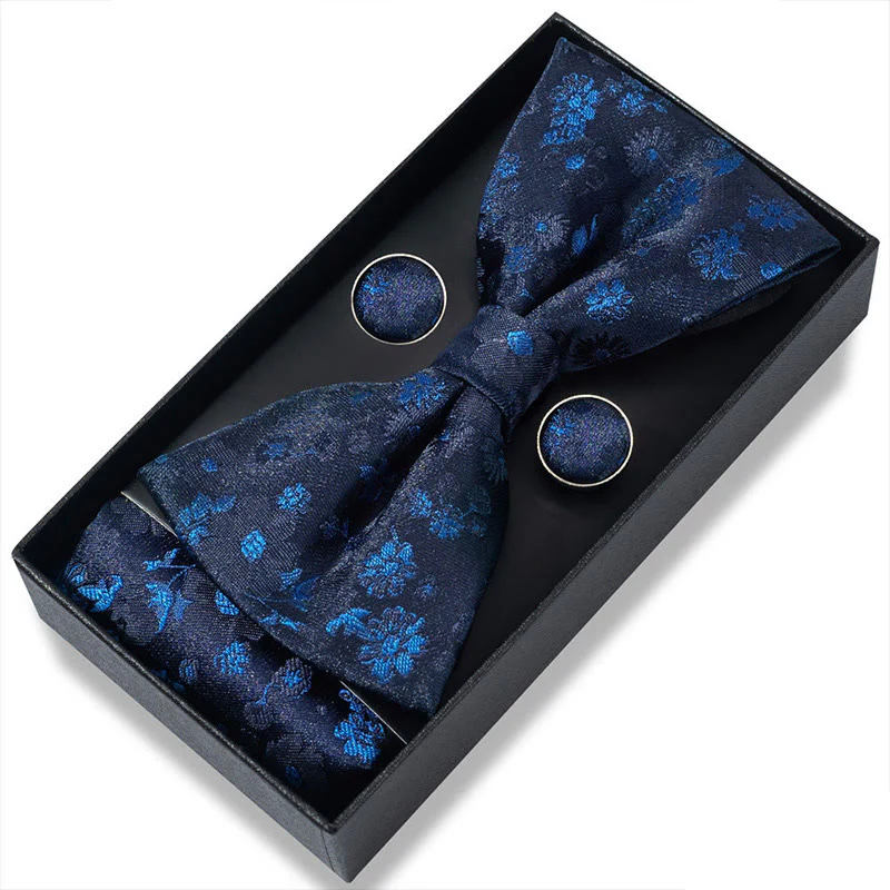 3Pcs Men's Textured Fabric Bow Tie Cufflink And Pocket Square Set - Image 15