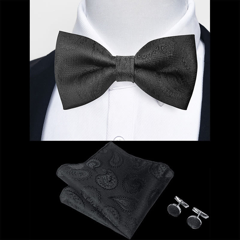 3Pcs Men's Textured Fabric Bow Tie Cufflink And Pocket Square Set - Image 4