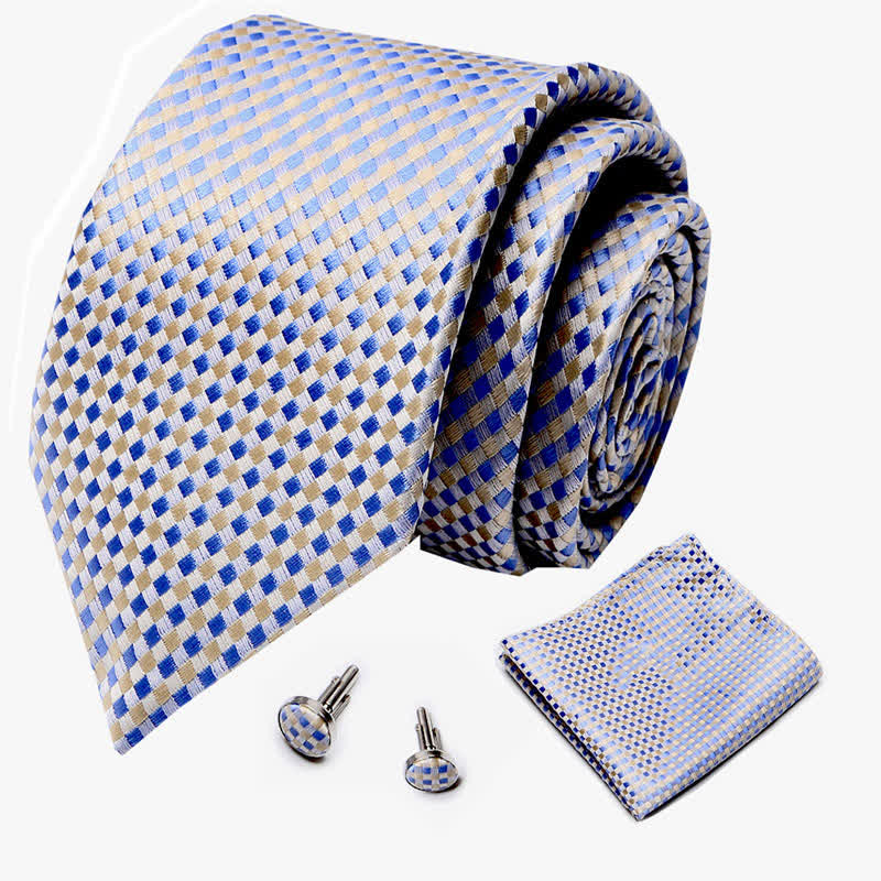 3Pcs Men's Yellow & Blue Woven-like Check Necktie Set - Image 2