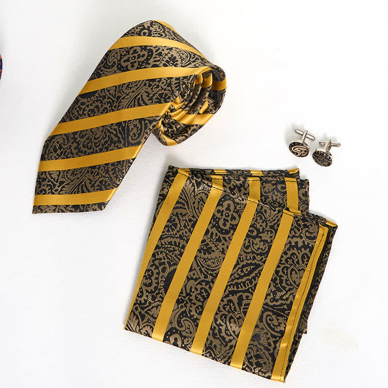 3Pcs Men's Yellow Striped Paisley Necktie Set - Image 7