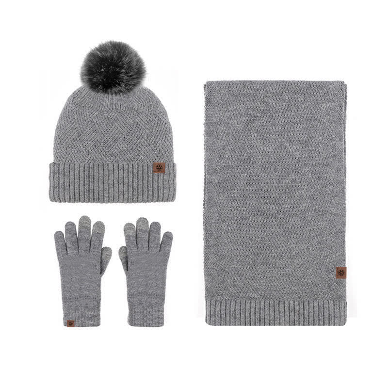 3Pcs Women's Pompom Woven Hat Scarf Touchscreen Gloves Set - Image 11