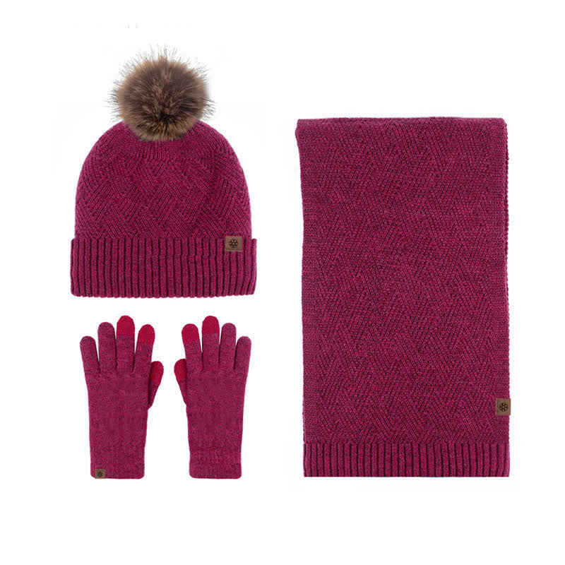 3Pcs Women's Pompom Woven Hat Scarf Touchscreen Gloves Set - Image 12